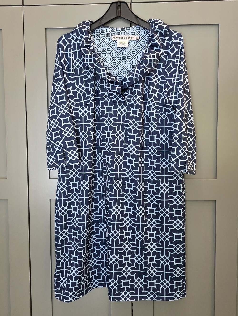 Gretchen Scott Blue Sz XXL Goddess  Ruffneck Geometrical Dress Coastal Preppy